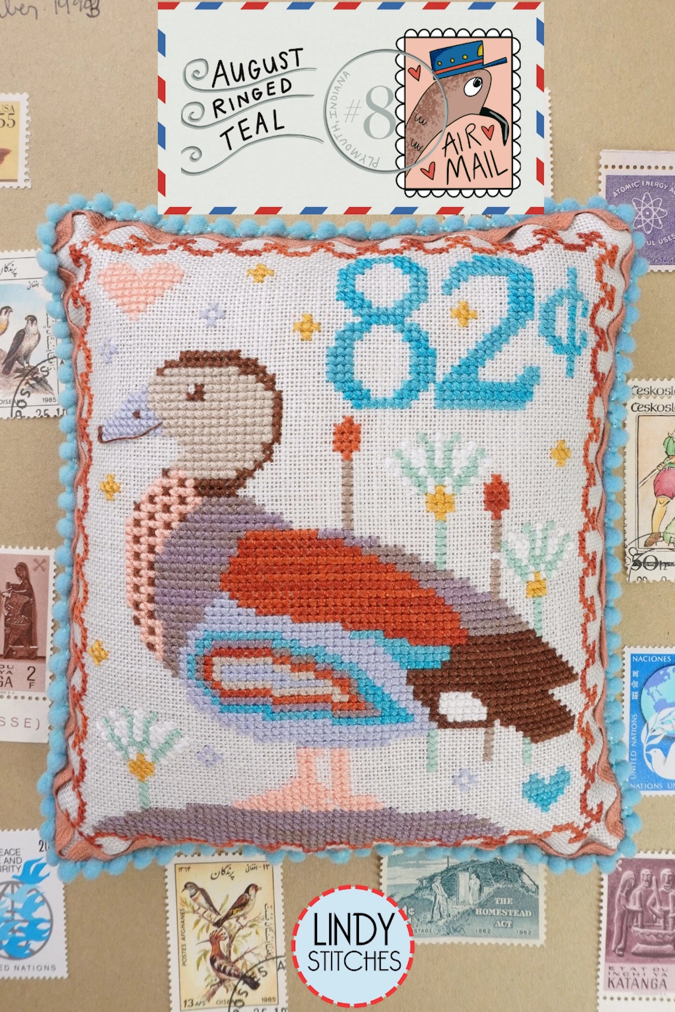 Air Mail August #8 Ringed Teal Cross Stitch Pattern by Lindy Stitches