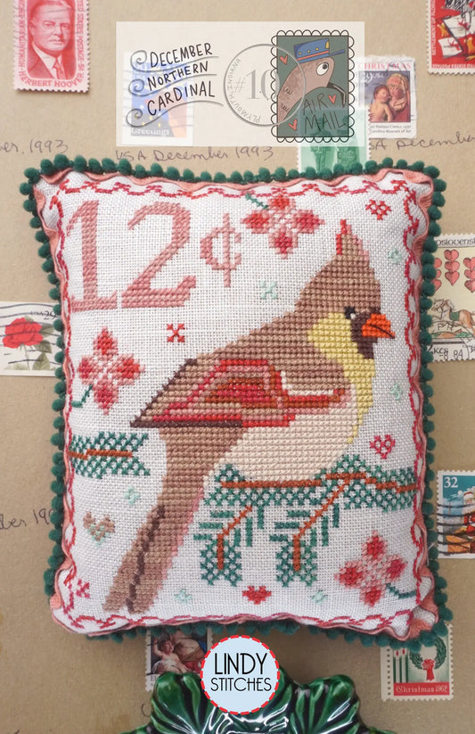 Air Mail December #10 Northern Cardinal Cross Stitch Pattern by Lindy Stitches