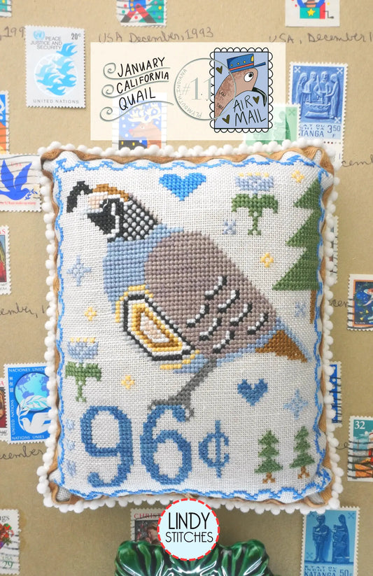 Air Mail January #11 California Quail Cross Stitch Pattern by Lindy Stitches