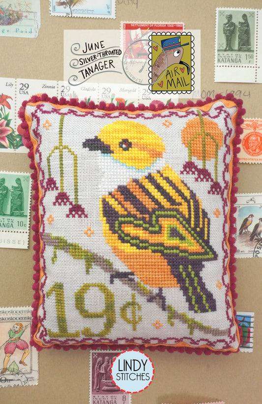 Air Mail June #7 Silver-Throated Tanager Cross Stitch Pattern by Lindy Stitches