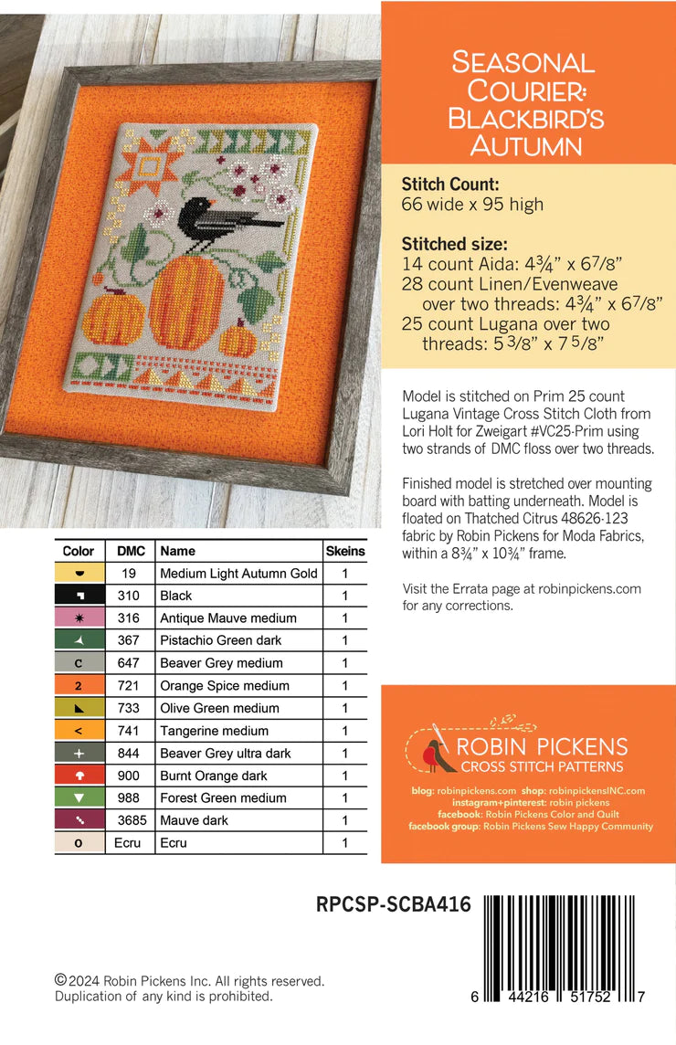 Blackbird's Autumn Seasonal Courier Cross Stitch Pattern by Robin Pickens