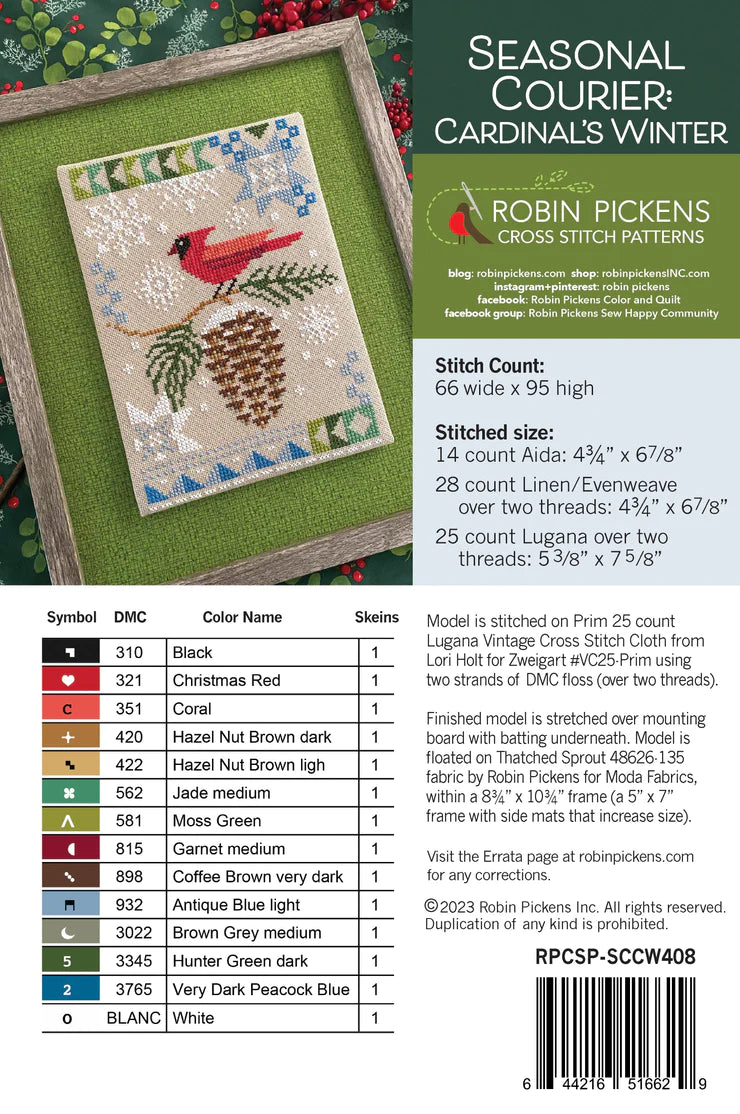 Cardinal's Winter Seasonal Courier Cross Stitch Pattern by Robin Pickens