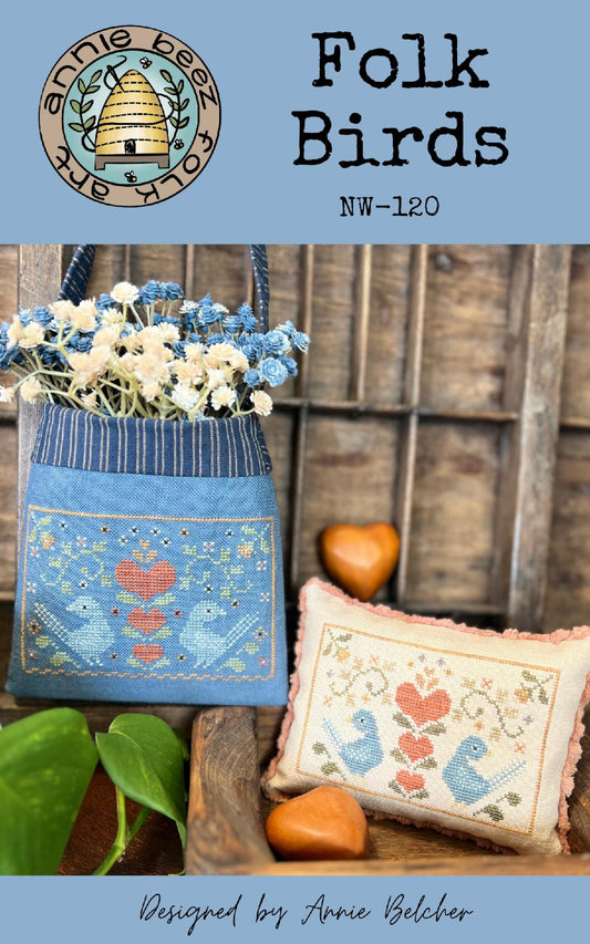 PREORDER Folk Birds Pincushion & Pouch Cross Stitch Pattern Annie Beez Folkart Nashville Needlework Market