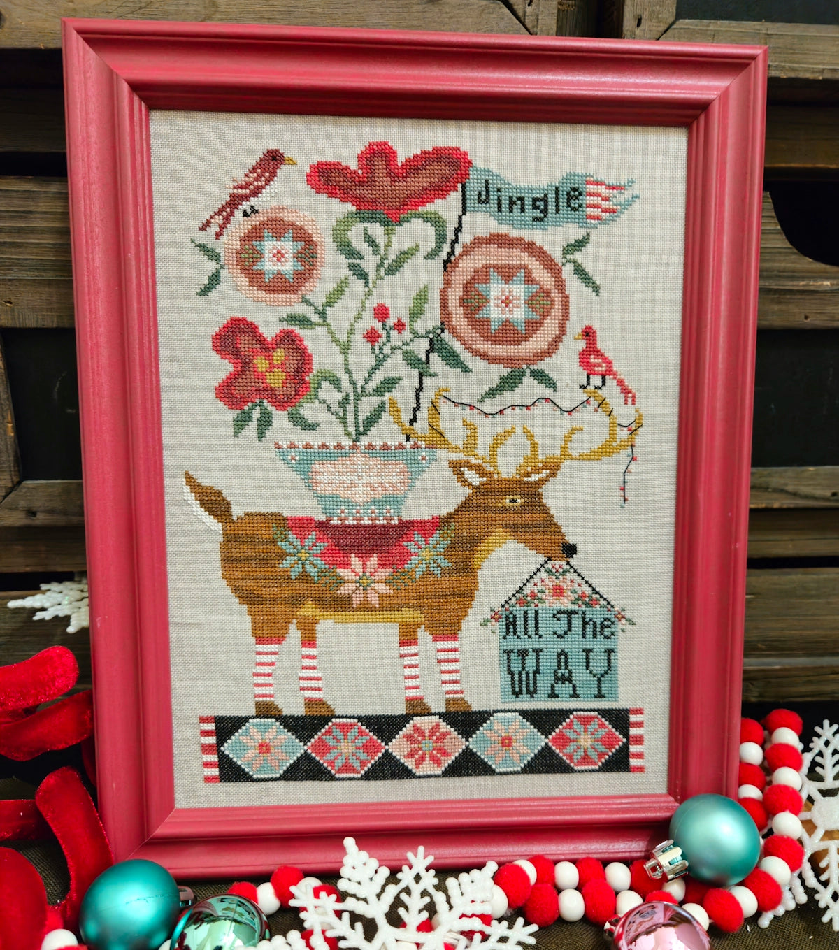 Jingle All The Way Deer Quaint Rose Needlearts Cross Stitch Pattern