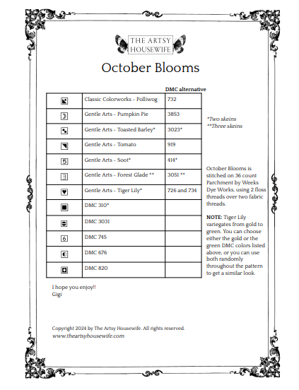 October Blooms The Artsy Housewife Cross Stitch Pattern