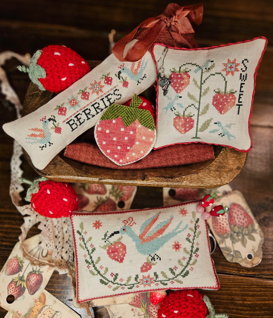 PREORDER Strawberry Thieves Pinkeep Cross Stitch Pattern by Quaint Rose Needlearts Nashville Market